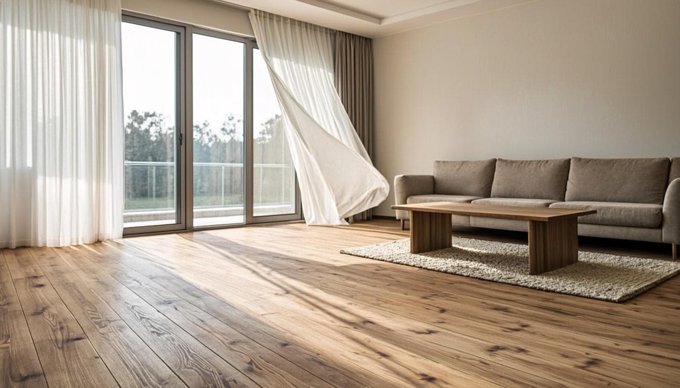 Güneş ışığıyla dolu salon, akan keten perdeler